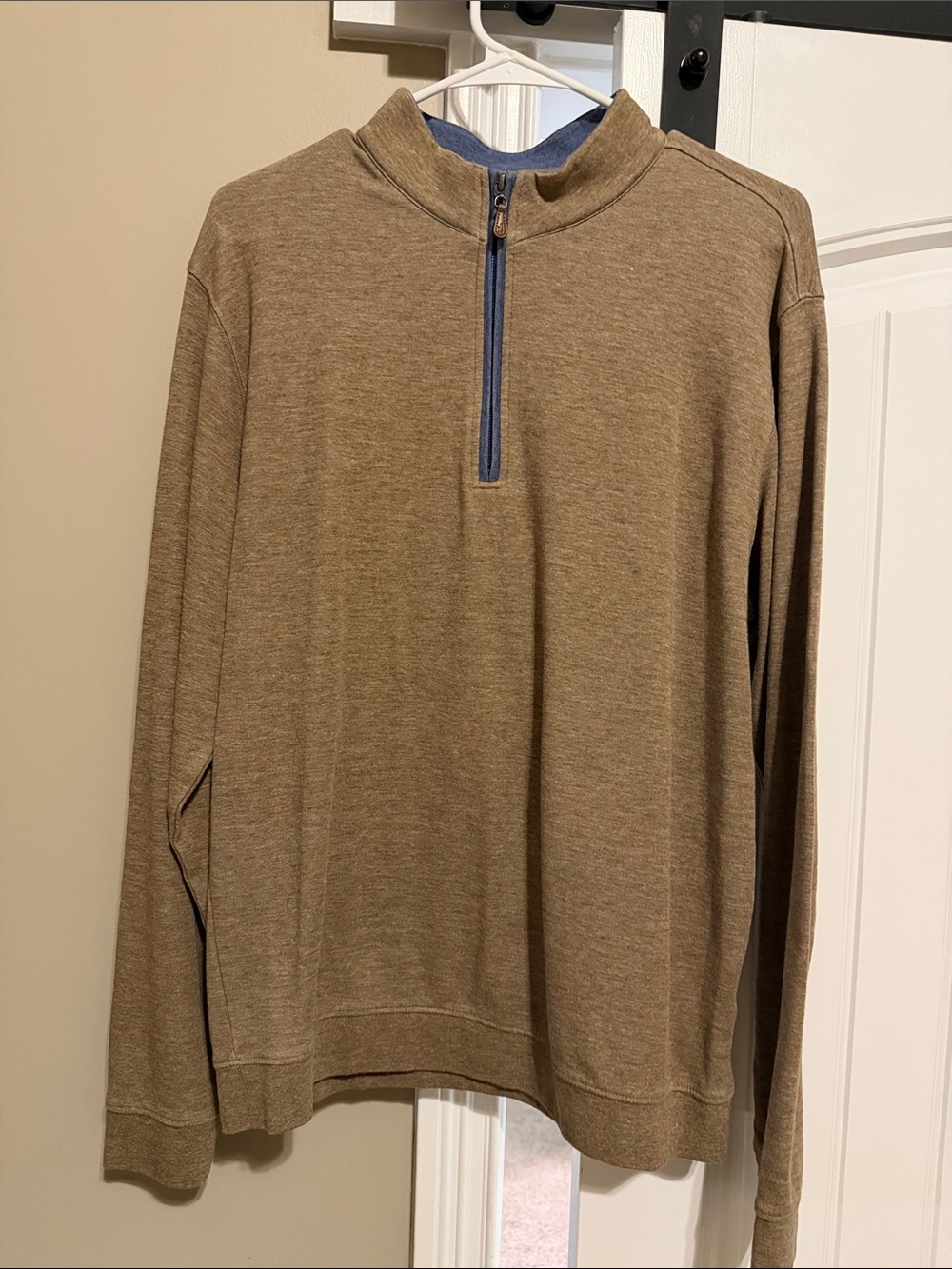 johnnie-O Men's Tan-Brown Quarter-Zip Pullover with Blue Trim